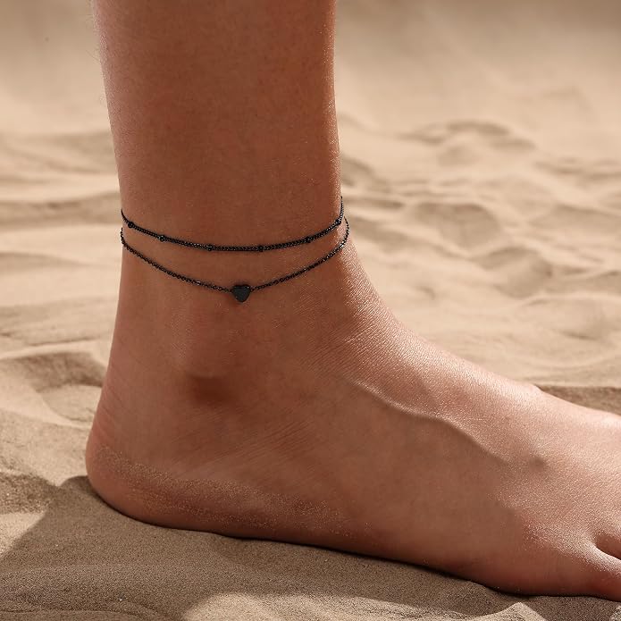 Ankle Bracelets for Women 14K Gold/Silver Plated Cross Heart Bead Anklet Waterproof Adjustable Chain Non Tarnish Cute Boho Trendy Dainty Summer Beach Foot Jewelry Gift for Her