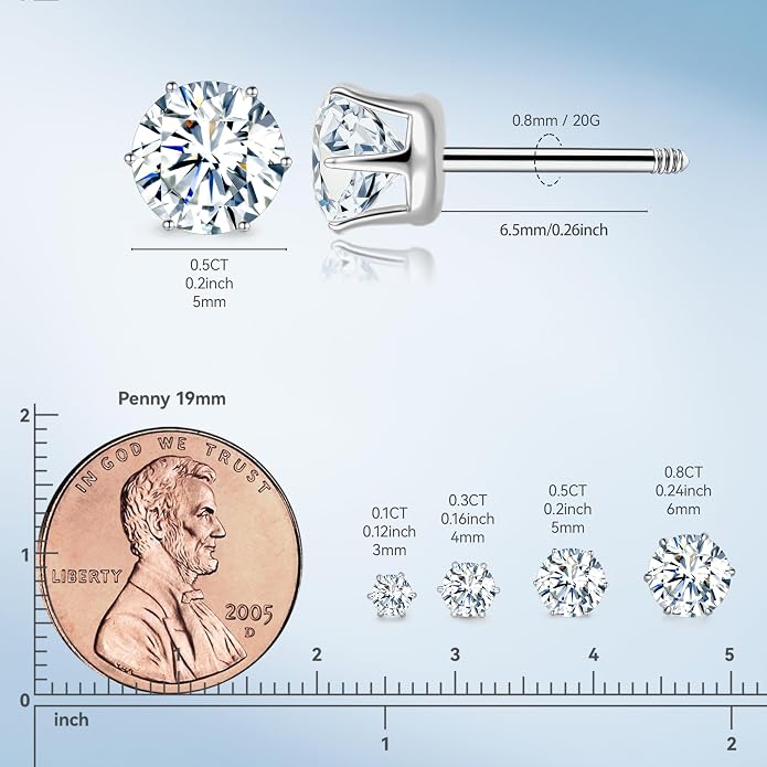 Limerencia Moissanite Stud Earrings G23 Titanium Hypoallergenic Screw Back Moissanite Earrings D Color VVS1 Clarity Jewelry Gifts for Women Men 0.2CT-1.6CT