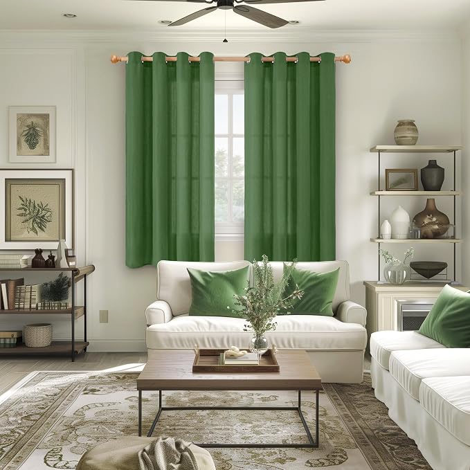 YoungsTex Forest Green Linen Curtains 63 Inches Length for Living Room, Light Filtering Drapes Privacy with Grommet for Bedroom Dining Room Spring Decorative, 2 Panels, 52 X 63 Inch