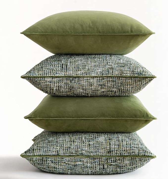 a moment Dark Green 4 Pack Throw Pillow Covers - Chenille & Velvet Set with Piping, Farmhouse Textured Design Cushion Cases for Couch Sofa Bed (20x20 Inch, No Insert)