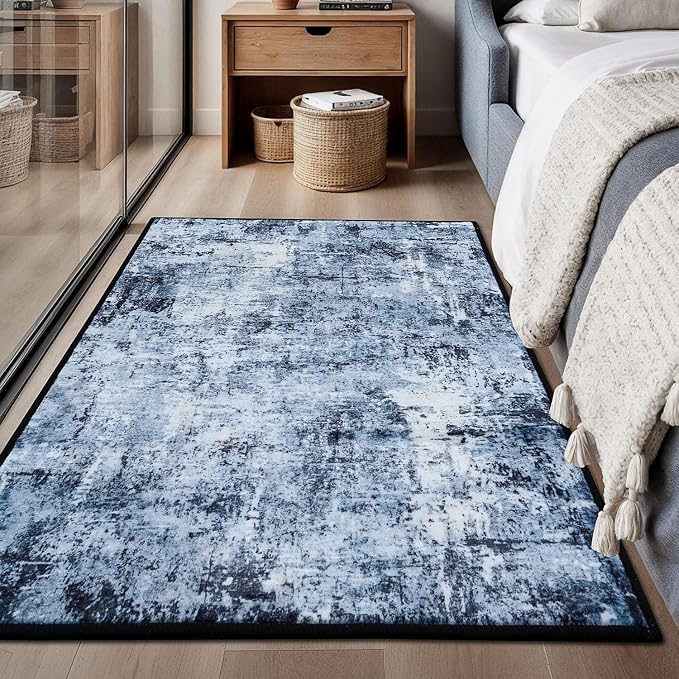 Rugflix 3x5 Entrance Rugs, Entry Rug Washable Non-Slip Stain-Resistant Low Pile, Small Modern Dark Carpet for Living Room Bedroom Indoor, Navy Blue/Black