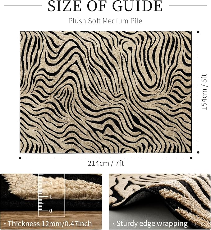 YIHOUSE 5×7 Ft Zebra Area Rugs Black and Beige: Washable Nonslip Plush Soft Rug for Living Room - High-Low Striped Carpet for Bedroom Dining Room Office Playroom Nursery Home Decor