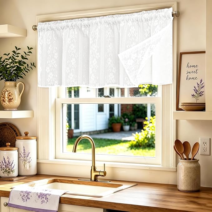 ASPMIZ Linen Valances for Windows Double Layer Valance Curtains with Lace Overlay, White Kitchen Curtains Light Filtering, Rod Pocket Window Valances for Living Room, Kitchen, Cafe, Bathroom, 52x18