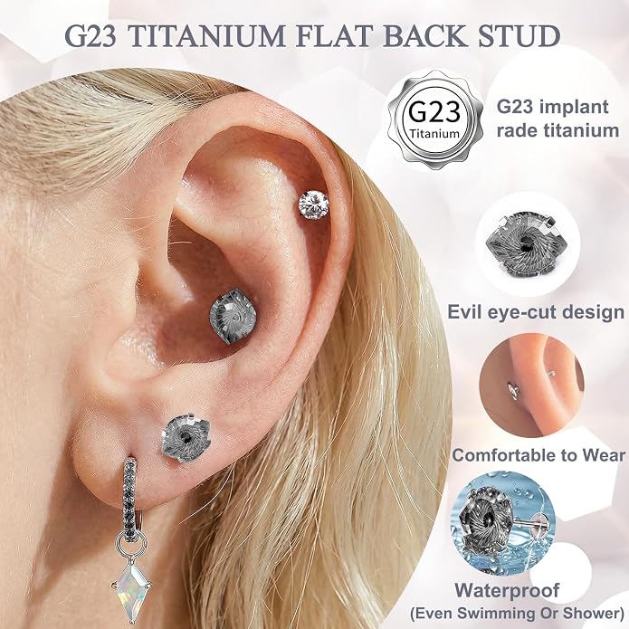 Flat Back Titanium Stud Earrings, Hypoallergenic G23 Titanium Eye Cut Cubic Zirconia Piercing,Eyebrow Versatile Labret Lip Cartilage Helix Sleeper 18G Punk style Jewelry for Women Men