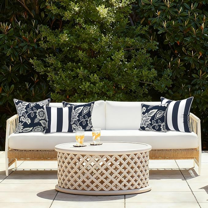 LVTXIII Outdoor Throw Pillows 18x18 Patio Waterproof Square Pillows with Piping Fade Resistant Accent Pillow for Spring Summer Garden Decoration, Set of 2, Elegant Vines Navy