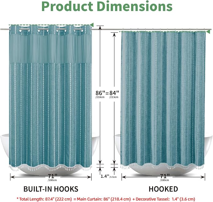 eachope No Hook Extra Long Shower Curtain Set with Snap-in Liner,Linen Textured Thick Striped Fabric with Tassels,Boho Chic Modern Farmhouse Bathroom Curtain,Water-Repellent,Teal,71x86
