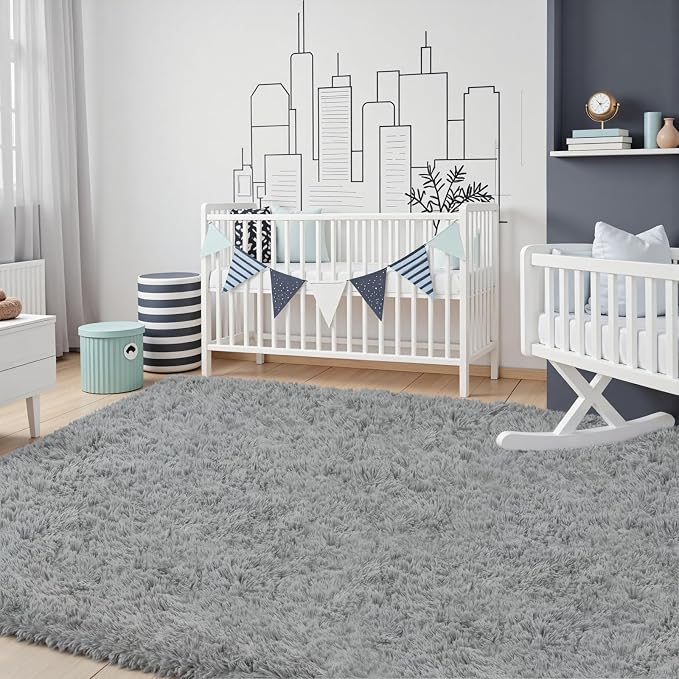8x10 Area Rug for Living Room, Ultra Soft Fluffy Shag Rugs for Bedroom, Non-Slip Large Fuzzy Plush Rug Indoor Floor Carpet for Nursery Kids Office Dorm Modern Decor, Light Gray