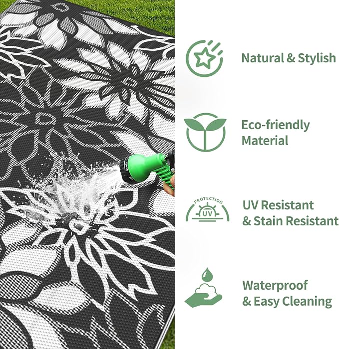 GENIMO Outdoor Rug, Waterproof Plastic Rugs for Patio, 8'x10' Black White | Outside Larger Leaf Carpet Mat for Porch Decor, Deck, Balcony, Camping, RV, Backyard, Picnic, Beach, Reversible, Foldable