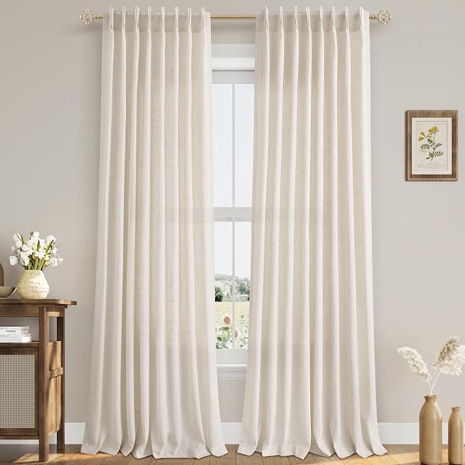 Aersas Natural Pinch Pleat Linen Curtains 95 Inch Length 2 Panels Set for Bedroom Dining Room Semi Sheer Linen Boho Farmhouse Neutral Window Curtains 95 Inches Long for Living Room Nursery 50x95