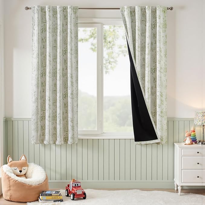 jinchan Green Blackout Curtains W38xL63 Whimsical Back Tab 2 Panels | Room darkening,nursery kids bedroom,privacy,whimsical,cottagecore,bunny pattern,botanical,nature-inspired decor