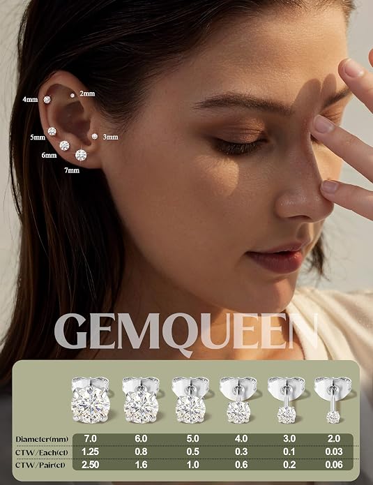 GEMQUEEN 6 Pairs 2-7mm Moissanite Earrings Studs 14K Gold Plated Stainless Steel Flat Back Earring for Women Men - Hypoallergenic Cartilage Helix Piercing Jewelry Brilliant Round Cut D Color VVS1 5.97CT