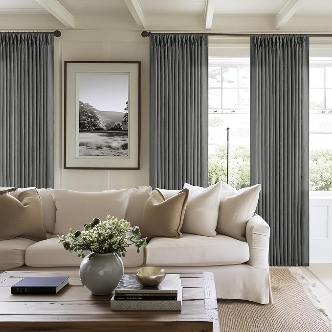 Charcoal Gray Linen Pinch Pleat Semi Sheer 120 Inch Curtains 2 Panels Set | Extra Long Window Curtains for Living Room Bedroom, Double Pleated with Back Tab, Farmhouse Neutral, Memory Shape Trained