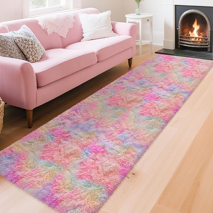 Shaggy Unicorn Rugs for Girls Bedroom Colorful Rainbow Rug for Girls Room 2x8 Runner Rugs for Hallway Living Room Long Plush Fluffy Rug Non Slip Fuzzy Carpet for Kids Room Kawaii Decor