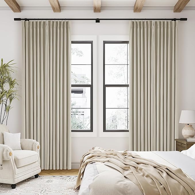 90 Inch 100% Blackout Linen Pleated Curtains 2 Panels for Living Room Pinch Pleated Back Tab Black Out Drapes Memory Shape Taupe Heat Reducing Pinch Pleat Window Curtains for Bedroom 90 Inches Long