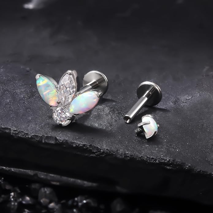 Ruifan Titanium Flat Back Lip Rings Internally Threaded Earrings Studs Nose Rings 16G Opal CZ Tragus Cartilage Lobe Rook Helix Conch Labret Medusa Piercing Jewelry for Women Men W Piercing Taper Set