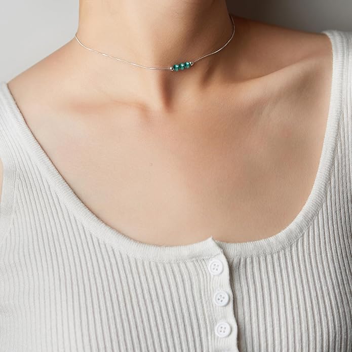 Dainty Crystal 925 Sterling Silver Choker Collar Necklace Handmade With 3 Beads Birthstone Jewelry Gifts for Women Young Lady Mother Friends Keenove