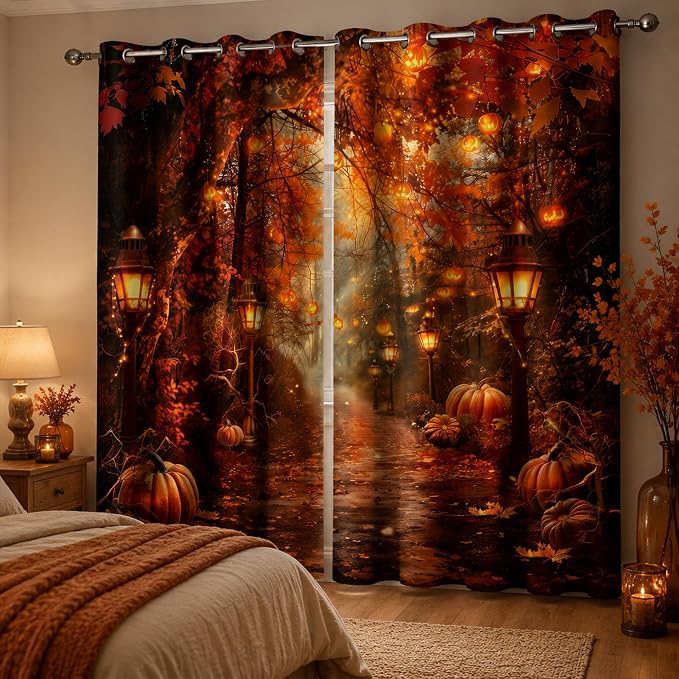 Halloween Forest Window Curtains 52 x 63 in, Pumpkin Lantern Autumn Path Drapes, Fall Woodland Curtains for Living Room Bedroom