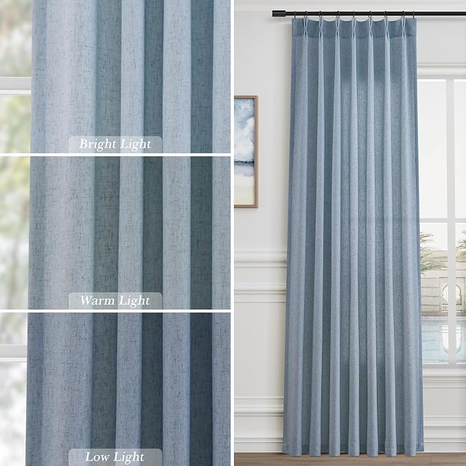 Stone Blue Pleated Linen Curtains 96 Inches Long for Living Room Bedroom 2 Panel Set Semi Sheer Light Filtering Pinch Pleat with Rings Hooks Drapes Boho Farmhouse Window Curtain Light Blue Grey