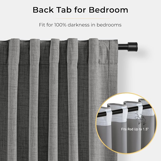 INOVADAY 100% Blackout Curtains for Bedroom, Dark Grey Black Out Curtains 96 Inch Long, Clip Rings Linen Blackout Drapes, Thermal Insulated Room Darkening for Living Room, 2 Panels - W50xL96