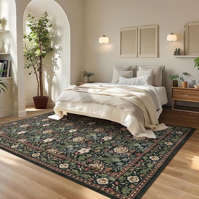 GarveeHome Washable Area Rug 6x9, Soft Vintage Floral Bedroom Rug Non Slip Low Pile Forest Green Carpet Stain Resistant Throw Rug for Bedside Kids Room Office Dining Room
