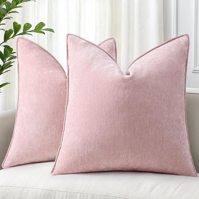 decorUhome Chenille Blush Pink Velvet Throw Pillow Covers 20x20 Set of 2 | Fall Soft Couch Decorative Modern Farmhouse Pillow Cases with Elegant Design for Sofa Bed Living Room Home Decor