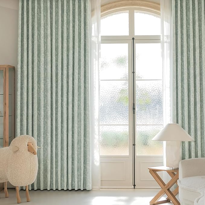 Beauoop Green Floral Jacquard Blackout Curtains for Bedroom 52x72 2 Panels | Flower Chenille Room Darkening Drapes for Living Room 72 Inch Long Thermal Insulated Soundproof Window treatment Grommet