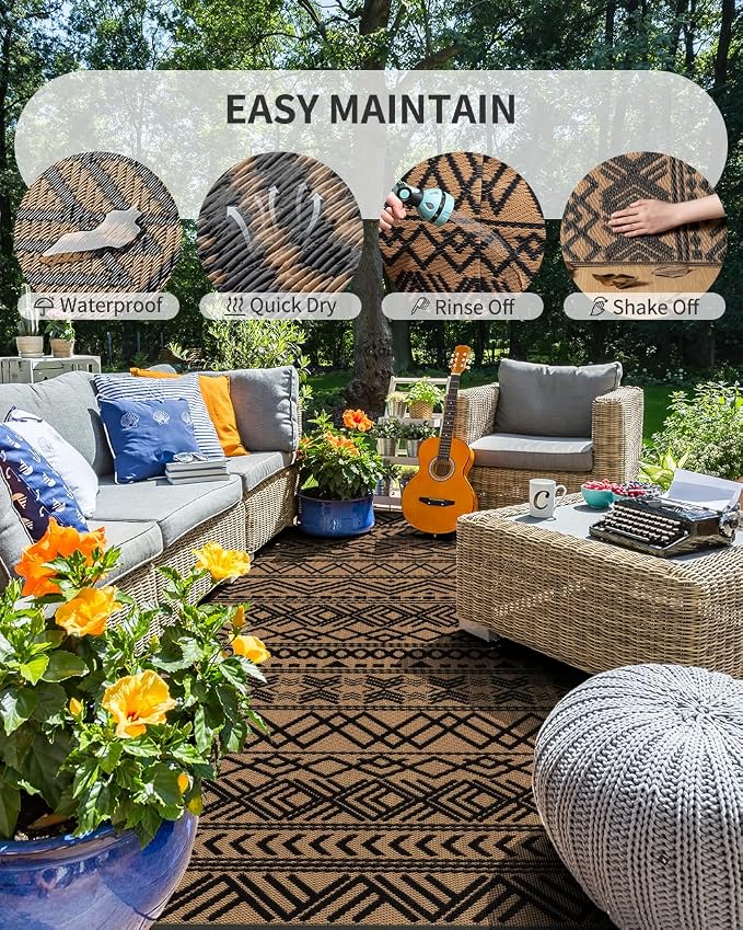MontVoo-Outdoor Rug Carpet Waterproof 5x8 ft Reversible Patio Rug RV Camping Rugs Plastic Straw Outside Indoor Outdoor Area Rugs for Patio Deck Balcony Picnic Beach Outdoor Decor Boho Black Brown