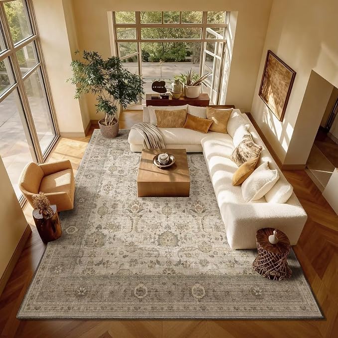Boho Washable 8x10 Area Rugs for Living Room, Cushioned, Flaxen/Tan | Vintage Non-slip Neutral Oriental Rugs for Bedroom Dining Room Nursery Office High Traffic Area