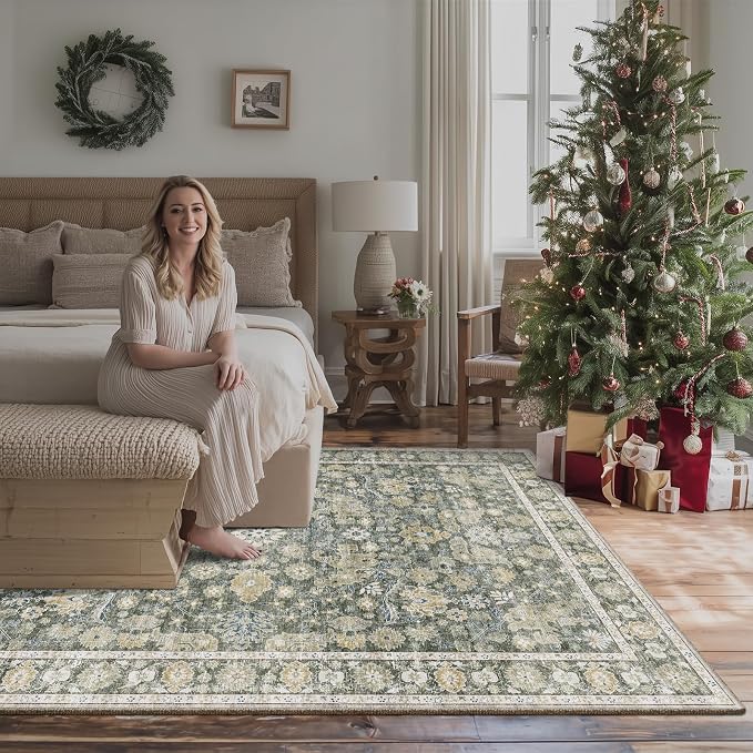 Washable Rugs for Living Room: 6x9 Area Rugs for Bedroom Ultra Soft Non-Slip Stain Resistant Vintage Boho Large Carpet for High-Traffic Dining Room - Farmhouse Decor