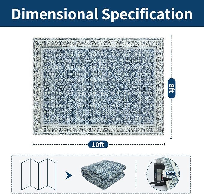 Washable Rugs 8x10 Area Rugs for Living Room,Bedroom,Dining Room- Soft Low Pile Stain Resistant Carpet with Non-Slip Rubber Backing,Large Vintage Area Rug for Farmhouse Nursery Home Office Decor
