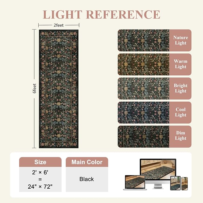 DUKINO 2x6 Runner Rug, Washable Vintage Floral Kitchen Rug, Black | Non Slip, Low Pile, Stain Resistant Boho Soft Throw Carpet Runner for Hallway Bathroom Laundry Bedroom Entryway, Non-Shedding