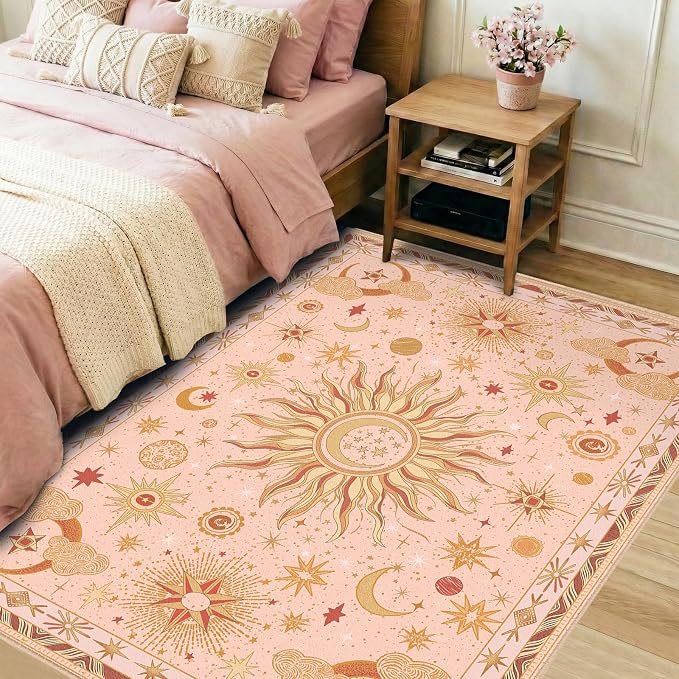 Vacuum-Friendly, 3x5 Washable Area Rug, Pink Gold Beige Red | Sun and Moon Boho Gothic Non-Slip Low Pile Living Roon Bedroom Dining Room Kitchen Entry Entryway Entrance Hallway Doormat