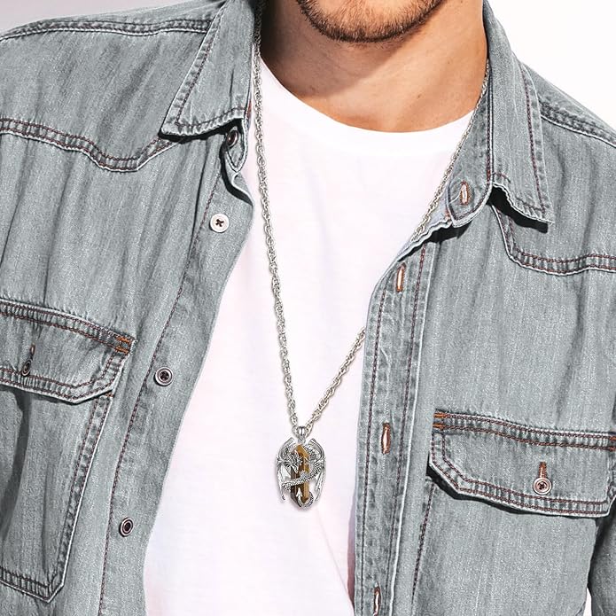 INFUSEU Unique Dragon Necklaces with Healing Crystal Stone for Men Women, Personalized Spiritual Gifts, 24 Inch Chain