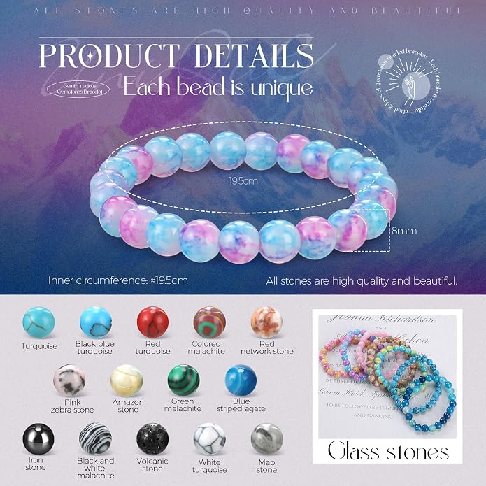 Landical 24 Pcs Gemstones Beaded Bracelets Bulk for Women Men 8mm Stretch Round Semi Precious Stone Bracelets Set