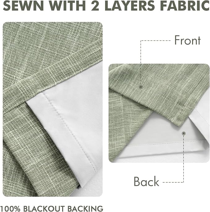 MIULEE Sage Green Pinch Pleated 100% Blackout Linen Curtains 96 Inch Length 2 Panels Set, Black Out Memory Trained Pleat Curtains Light Blocking Room Darkening Drapes for Bedroom Living Room Window