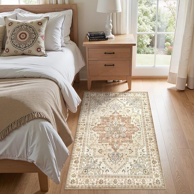 Tortania Area Rug Living Room Rugs - 3x5 Washable Rug Vintage Oriental Distressed Farmhouse Small Thin Indoor Carpet for Living Room Bedroom Under Dining Table Home Office - Rust/Cream