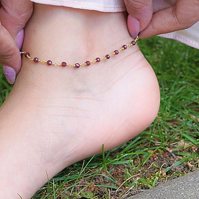Dainty Gemstone Anklet for Women – 10 Inch Adjustable Anklet with 1 Inch Extender, Gold or Silver Plated Foot Jewelry, Minimalist Boho Style Gift