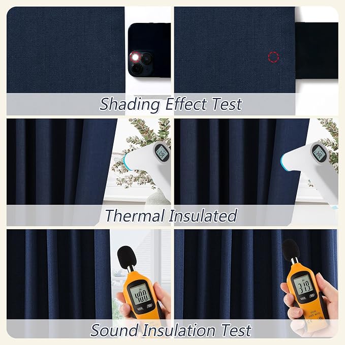 Guken Navy Blue 100% Blackout Curtains 90 Inch Length 2 Panels Set for Living Room Bedroom Back Tab Thermal Insulated Black Out Linen Drapes Room Darkening Window Curtains 90 Inches Long