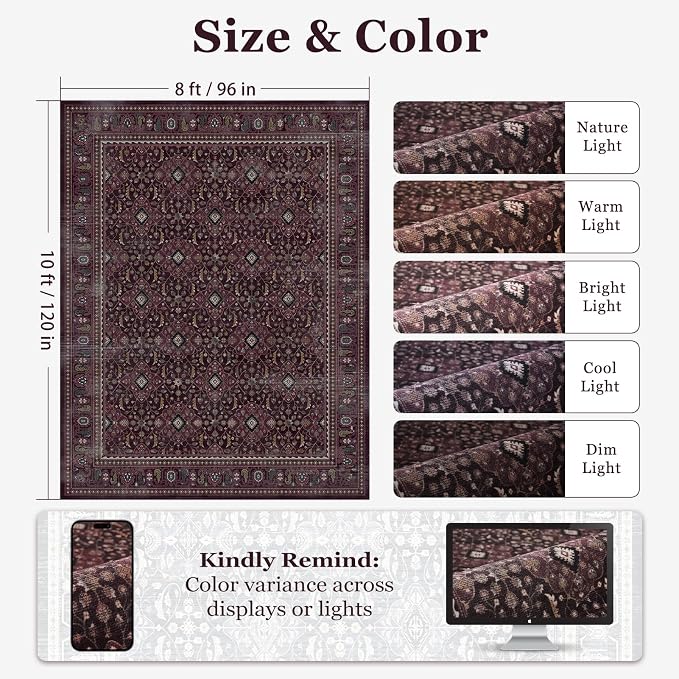 Fig Washable Area Rugs 8x10 for Living Room, Earth Tone Dark Academia Bedroom Rug with Vintage Boho Floral Trellis Pattern, Non Slip Ultra Thin Carpet Rug for Dining Room/Guest Room/Home Office