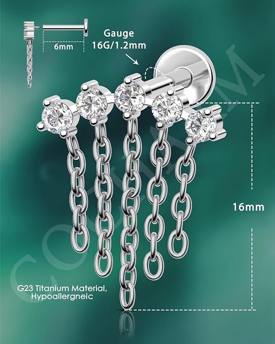 COCHARM G23 Titanium 16g Chandelier Dangle Helix Cartilage Earring Stud Flat Back 8mm Long Drop Dangly Top Helix Cartilage Piercing Jewelry Threaded Screw on Nickel Free