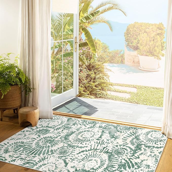 BLISSA Washable 3x5 Entryway Rug - Ultra Thin Fresh Green White Modern Non-Slip Small Front Door Mat Indoor Entrance Soft Geometric Boho Neutral Abstract Area Rugs for Bedroom Kitchen Mudroom Foyer