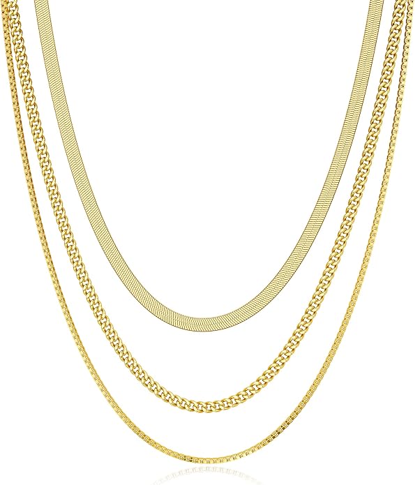 Tewiky Layered Necklaces for Women Non Tarnish- Chunky 14k Gold Plated Herringbone/Snake/Rope/Box/Cuban Link Chain for Women Waterproof Layering Stack Choker Necklace Trendy Dainty Tarnish Free Jewelry Set