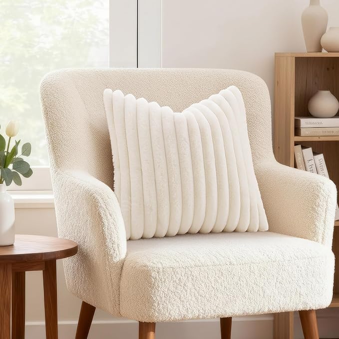 decorUhome Fall Faux Fur Throw Pillow Covers 18x18 Set of 2 Cream White | Decorative Soft Cozy Striped Plush Modern Farmhouse Boho Couch Pillow Cases Velvet Back for Sofa Bed Living Room Home Decor