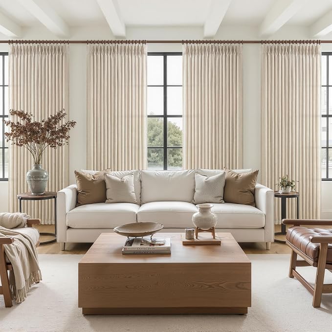 Natural 88 Inch Memory Trained Pinch Pleated Linen Light Filtering Curtains