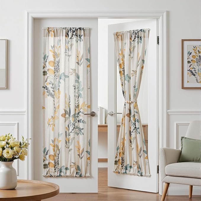 MYSKY HOME Floral Linen French Door Curtains 72 inch Long 2 Panels for Front Door Light Filtering Privacy Semi Sheer Window Curtains with Rod Pocket, Yellow and Blue, 24" W Each Panel