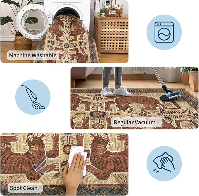 GarveeHome Tiger Print 2'x6' Washable Non Slip Runner Rugs for Hallways, Boho Terracotta Kitchen Runner Ultra Thin Soft Vintage Tribal Indoor Throw Floor Carpet for Entryway Bedroom Bathroom