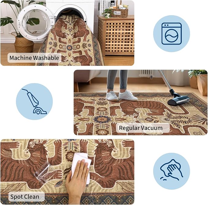GarveeHome 3x5 Tiger Washable Area Rug for Entryway, Boho Bedroom Rug Non Slip Vintage Tribal Soft Animal Print Carpet Stain Resistant Throw Rug for Kitchen Dorm Kids Room Office Dining Room