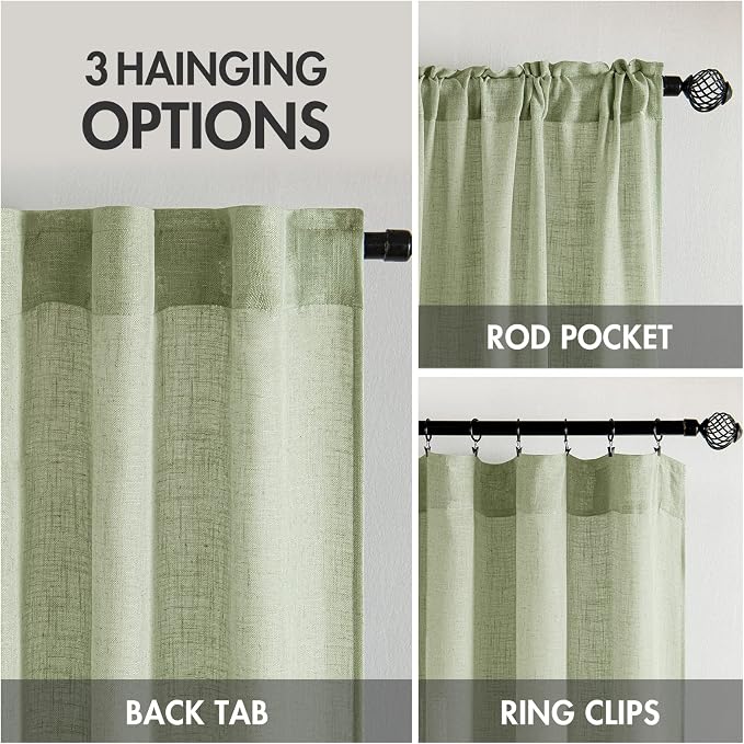 MIULEE Sage Green Linen Curtains 84 Inch Length 2 Panels for Bedroom Living Room, Soft Thick Linen Textured Window Drapes Semi Sheer Light Filtering Back Tab Rod Pocket Burlap Look Decor