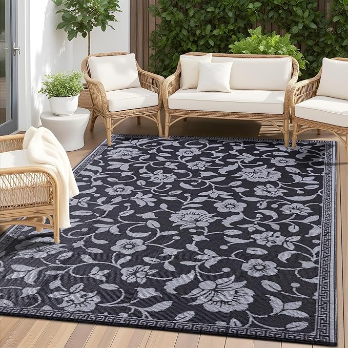 OLANLY Waterproof Outdoor Rug 4x6 ft, Outdoor Plastic Straw Rug with Flower Pattern, Reversible RV Mat for Patio, Camping, Balcony, Deck, Backyard, Black & Grey