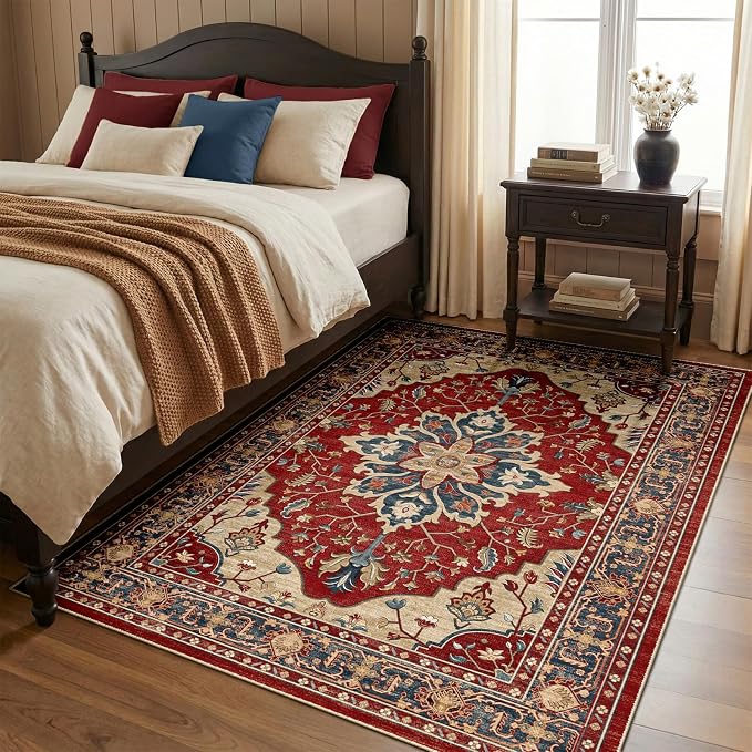 RELEANY Washable Area Rug, 4'x6', Red/Blue | Non-Slip, Water Repellent, Pet Friendly, Easy to Clean, Vintage Floral Boho Decor for Living Room Bedroom Kitchen Office